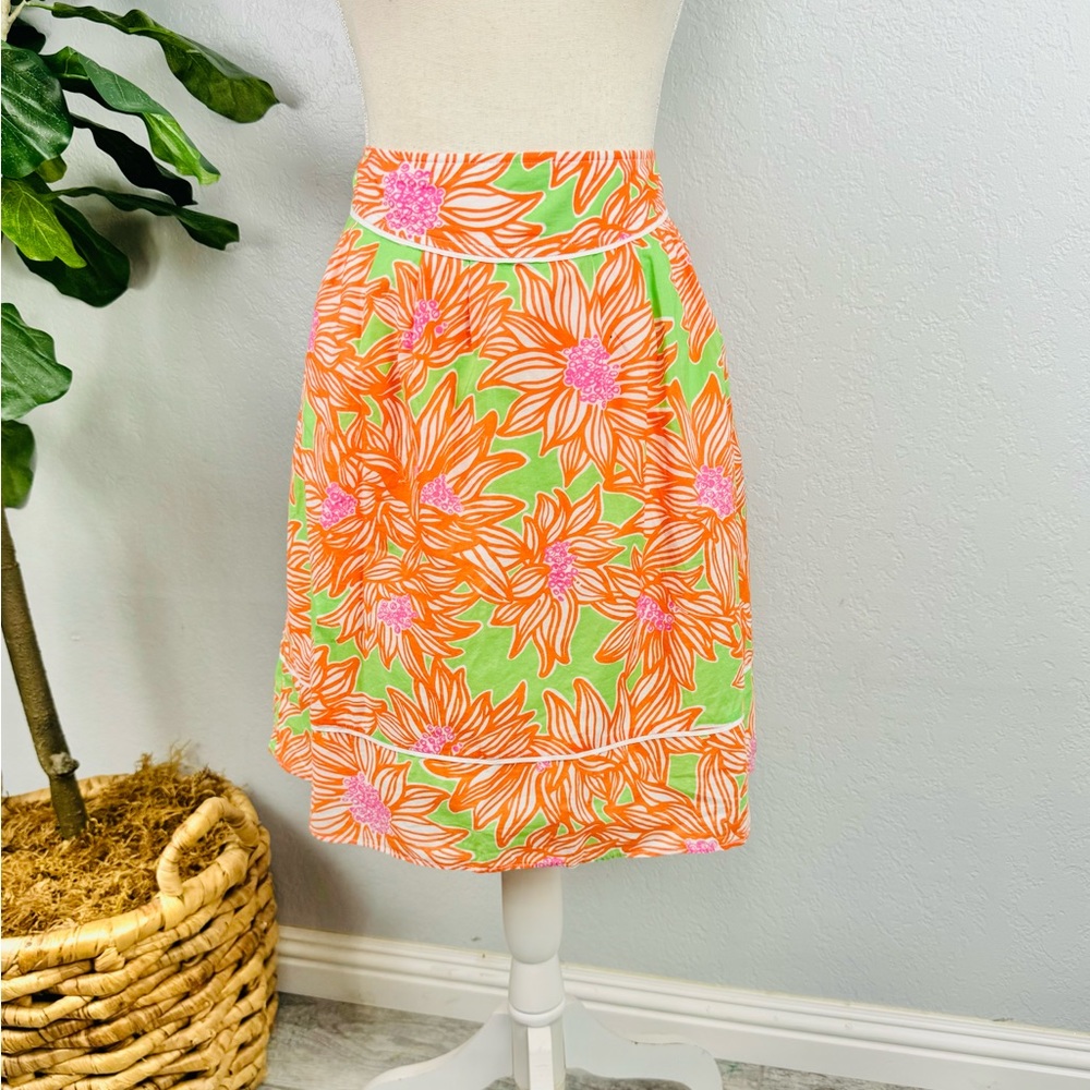 Lilly Pulitzer Fayette Avocado Green Crush Cotton Lawn 
Orange Circle Skirt